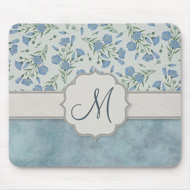 Mousepad Azul Esqueça-Me-Não Floral e Marble com Monograma (Frente)