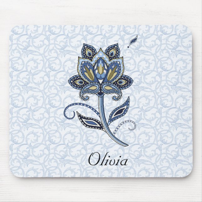 Mousepad Azul floral elegante conhecido personalizado de (Frente)