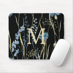Mousepad Azul floral monograma e Dourado a preto