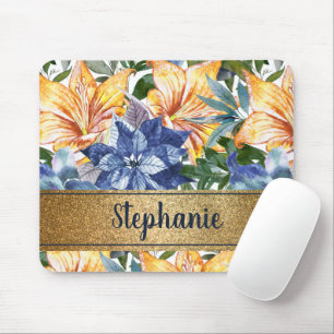 Mousepad Azul Marinho Laranja Floral Dourado Nome Rascunho
