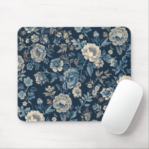 Mousepad Azul Marinho Padrão Botânico Floral Vintage