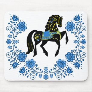 Mousepad Azul/ouro/garanhão preto do cavalo foliar da Frísi