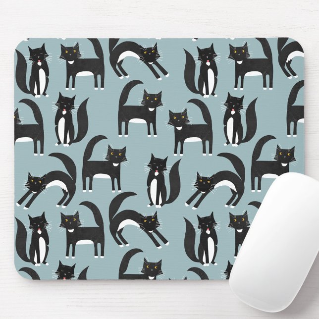 Mousepad Azul Padrão de Cat (Black and white tuxedo bicolor cat mouse mat)