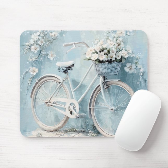 MOUSEPAD AZUL PASTEL COM FLORES BRANCAS E BICICLETA (Com mouse)