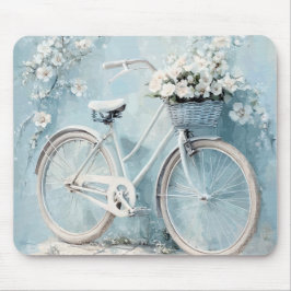 MOUSEPAD AZUL PASTEL COM FLORES BRANCAS E BICICLETA