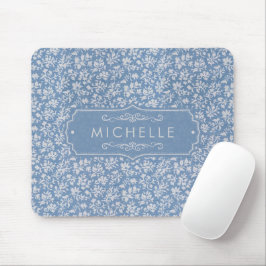 Mousepad Azul Pastel Suave e Branco Cinza Padrão Floral Boh