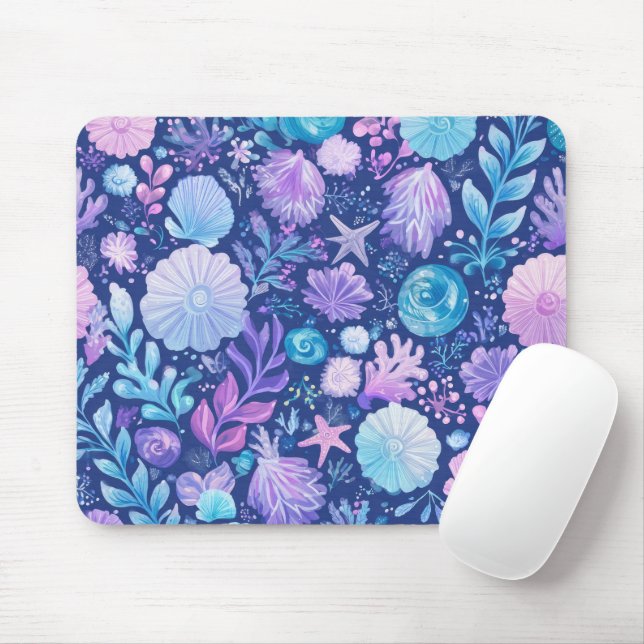 MOUSEPAD AZUL ROSA ROXO PLANTAS SUBMARINAS & CONCHAS (Com mouse)