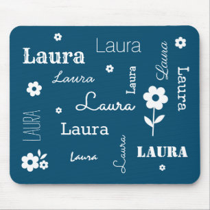 Mousepad Azul Teal com Flores Brancas, Placa de Mouse Perso