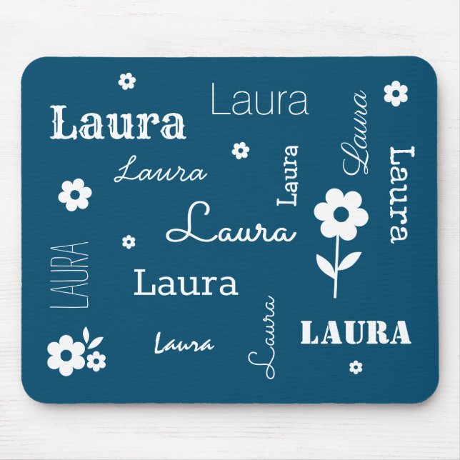 Mousepad Azul Teal com Flores Brancas, proteção personaliza (Frente)