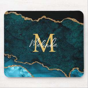 Mousepad Azul Teal e Agato Marble Dourado