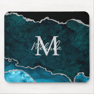 Mousepad Azul Teal e Agato Marmoso Prateado