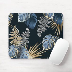 Mousepad Azul tropical e folhas Douradas Design