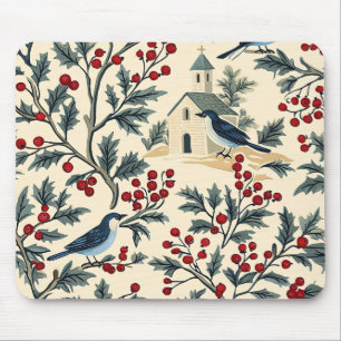 Mousepad Azul Vintage Holly Natal Creme Vermelho