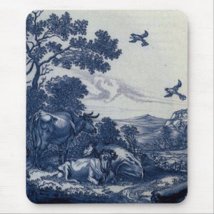 Mousepad Azulejo azul antigo de Delft - gado e pássaros