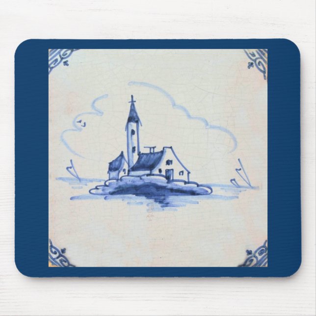 Mousepad Azulejo Azul Delft Antiquário Clássico - Igreja (Frente)