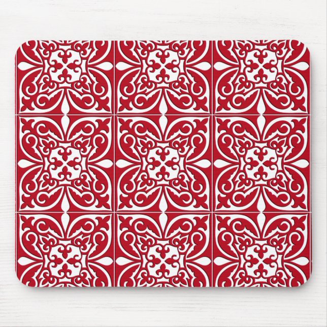 Mousepad Azulejo marroquino - vermelho escuro e branco (Frente)