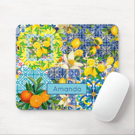Mousepad Azulejos florais de citrinos de cor azul-chic