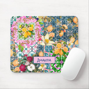 Mousepad Azulejos florais de citrinos de cor azul-chic