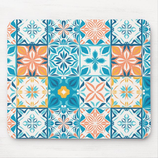 Mousepad azulejos ornamentados em azul e laranja (Frente)