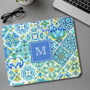 Mousepad azulejos sicilianos mediterrâneos aqua mint mexica