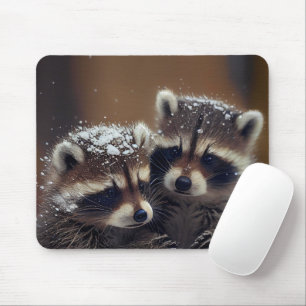 Mousepad Baby Raccoons Huddle in Falling Snow