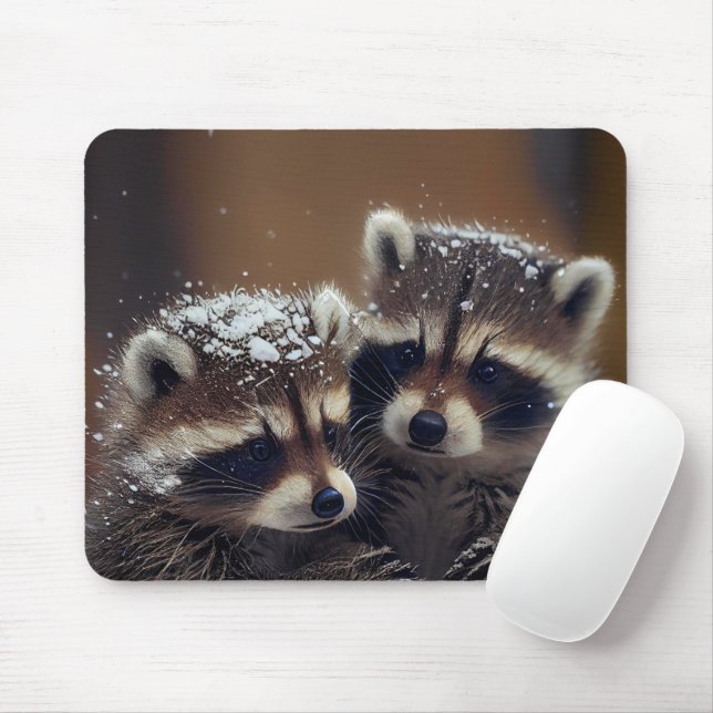 Mousepad Baby Raccoons Huddle in Falling Snow (Com mouse)