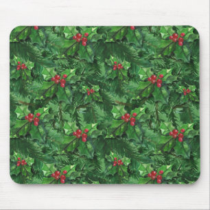 Mousepad Bagas do azevinho do Natal da aguarela