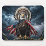 Mousepad Bald Eagle Wearing an American Flag<br><div class="desc">A bald eagle is perched on a tree branch during a thunderstorm,  wearing an American flag and a Native American headdress</div>