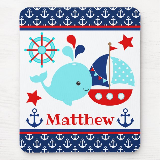 Mousepad Baleia Azul Náutica Fofa e Padrão de Âncoras (Frente)