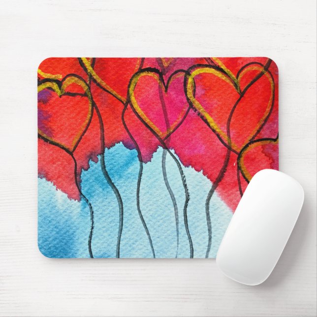 Mousepad Balões de coração vermelho Namorados aquarela (Com mouse)