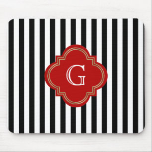 Mousepad Bandas brancas pretas, monograma vermelho