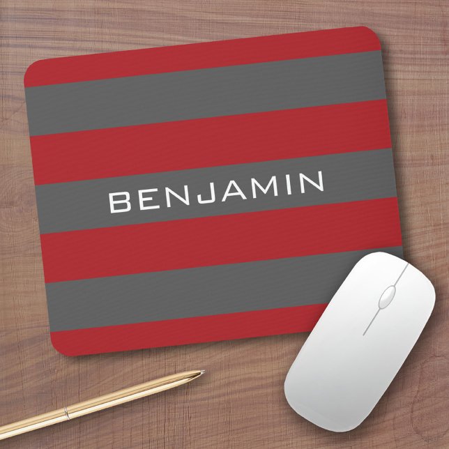 Mousepad Bandas de Rugby Vermelhas e Cinzas com Nome Person (Custom mouse pads)