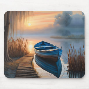 Mousepad Barco azul russo Reflexão do Céu da Manhã