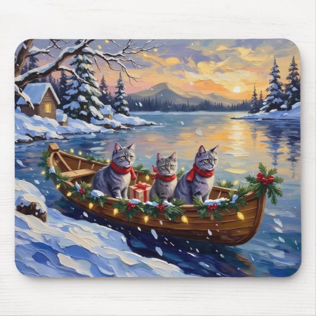 Mousepad Barco de Natal do Gato Azul Oriental Feriado (Frente)
