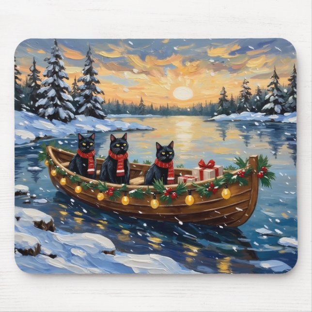 Mousepad Barco de Natal do Gato Preto Feriado (Frente)