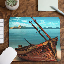 Mousepad Barco Dilapidado em uma Praia de Areia Abandonada