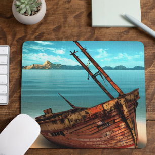 Mousepad Barco Dilapidado em uma Praia de Areia Abandonada
