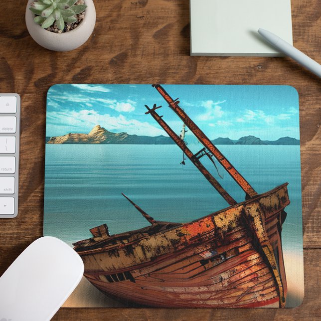 Mousepad Barco Dilapidado em uma Praia de Areia Abandonada (Criador carregado)