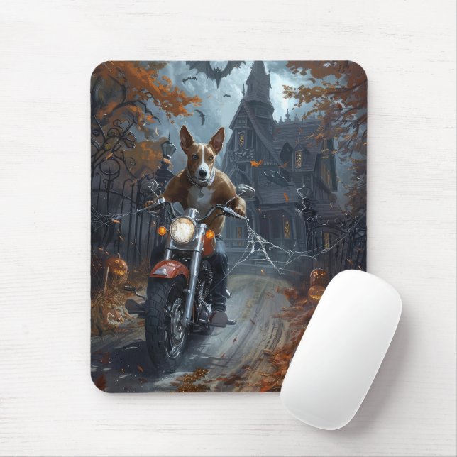 Mousepad Basenji Riding Motorcycle Halloween Scary (Com mouse)