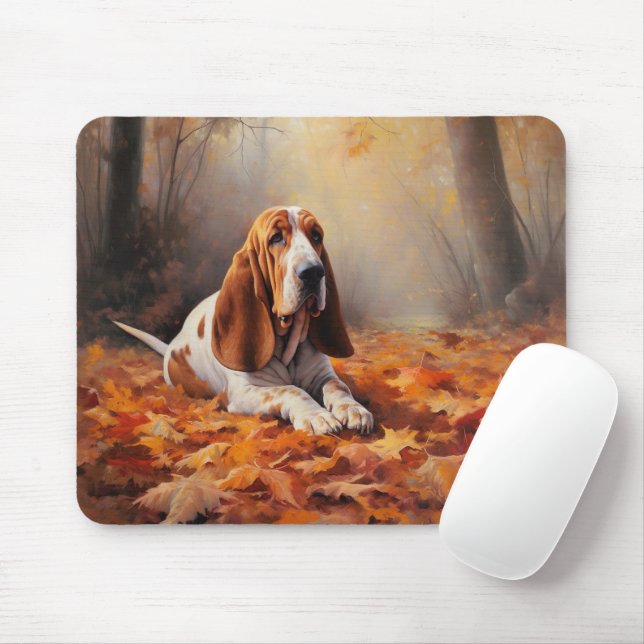 Mousepad Basset Hound na Queda de Folhas de Outono Inspira (Com mouse)