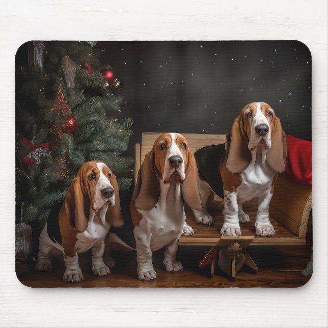Mousepad Basset Hound Snowy Sleigh Decência de Natal (Frente)