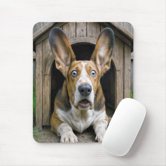 Mousepad Basset Hound Surpreso em uma Casa de Cachorro (Com mouse)