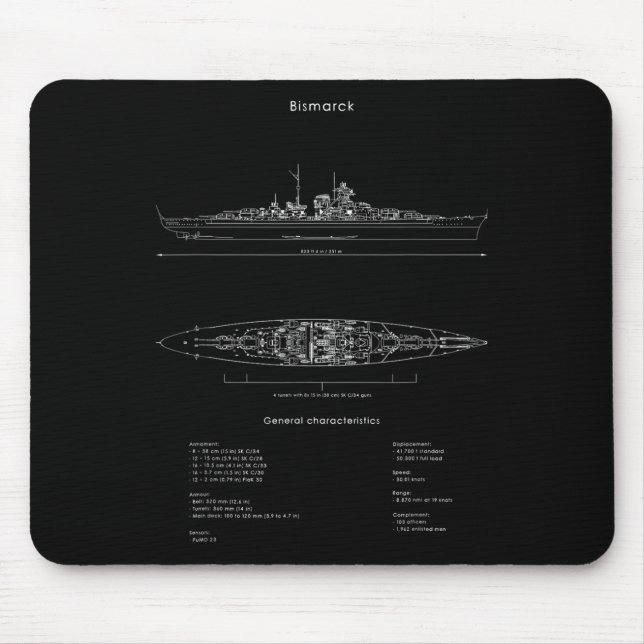 Mousepad Batalhas Ww2 do Modelo de Navio Bismarck Alemão da (Frente)