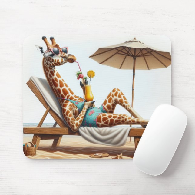 Mousepad Beach Giraffe Bebendo A Cocktail (Com mouse)