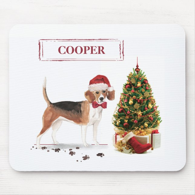 Mousepad Beagle Engraçado Cachorro de Natal com Árvore (Frente)