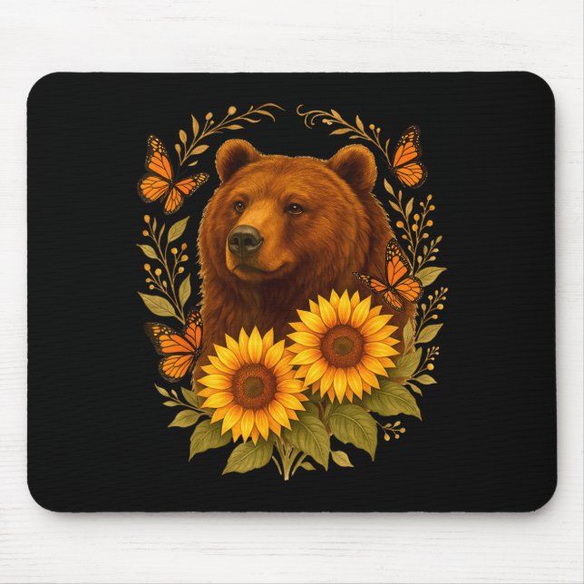 Mousepad Bear Butterfly Nature Rustic Sunflower Monarch Art (Frente)