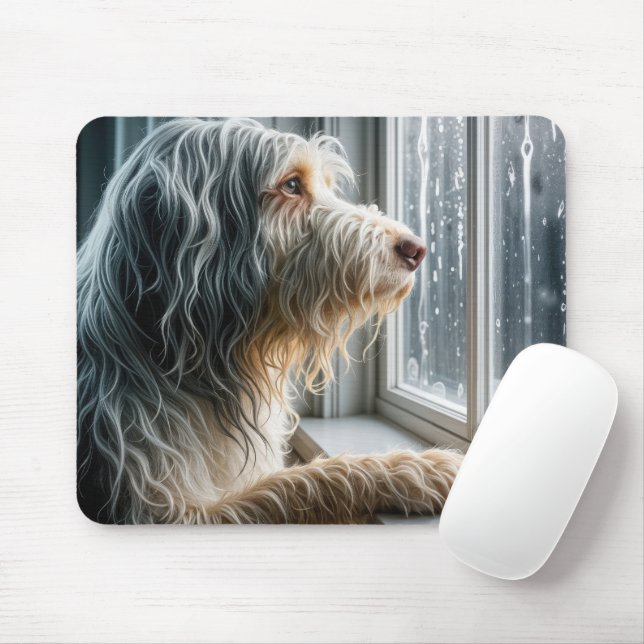 Mousepad Bearded Collie Looking at a Rainy Window (Com mouse)