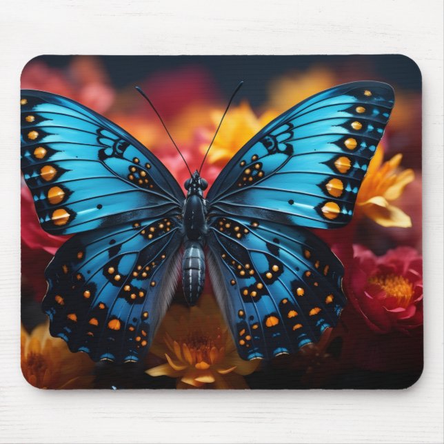 Mousepad Beautiful Blue and Yellow Butterfly on Flowers  (Frente)