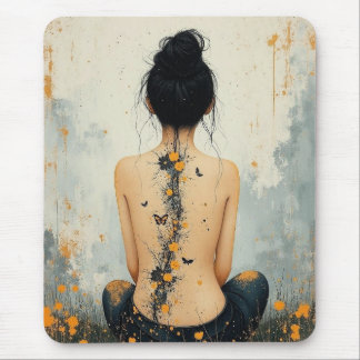 Mousepad Beautiful Woman, Ink, Wildflowers and Butterflies