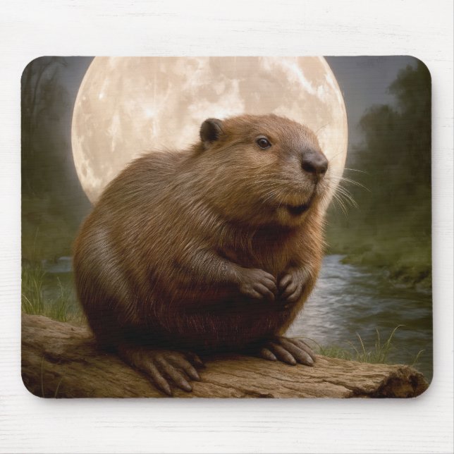 Mousepad Beaver On a Log With Full Moon (Frente)